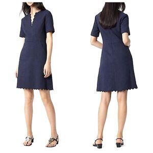Tory Burch Bailey Scalloped Jacquard Mini Dress Sz 12 Navy Blue Short Sleeve